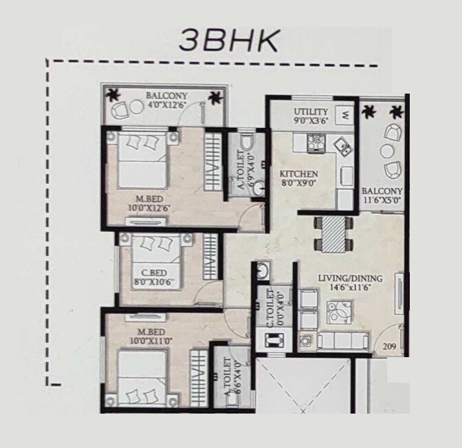 3 BHK 704 Sq. Ft. Apartment