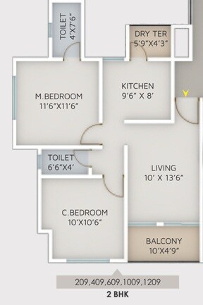Floor plan of 2 BHK 569 Sq. Ft. Apartment in Fortune Empress, Pune