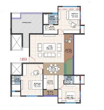 Floor plan of 3 BHK 1115 Sq. Ft. Apartment in Fortune Himgauri CHS, Pune