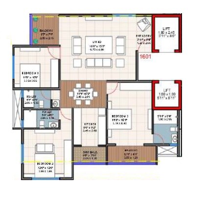 Floor plan of 3 BHK 1257 Sq. Ft. Apartment in Fortune Himgauri CHS, Pune