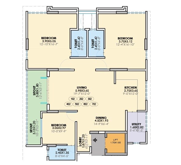 Floor plan of 3 BHK 1094 Sq. Ft. Apartment in Fortune Madhvachhaya, Pune