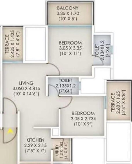 Floor plan of 2 BHK 467 Sq. Ft. Apartment in Fortune Perfect, Pune