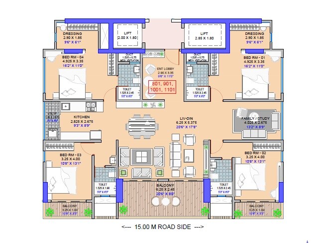 Floor plan of 4 BHK 1933 Sq. Ft. Apartment in Fortune Prashanti CHS, Pune