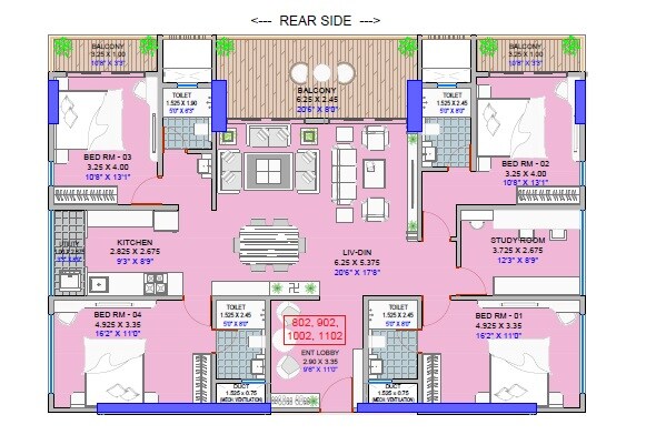 Floor plan of 4 BHK 2058 Sq. Ft. Apartment in Fortune Prashanti CHS, Pune