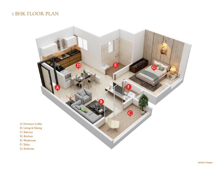 Floor plan of 1 BHK 442 Sq. Ft. Apartment in Fortune Prospero, Pune