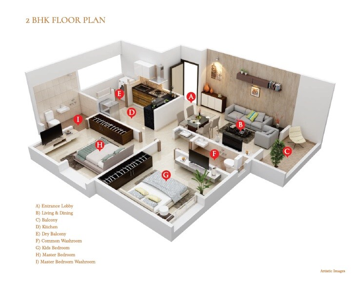 Floor plan of 2 BHK 626 Sq. Ft. Apartment in Fortune Prospero, Pune