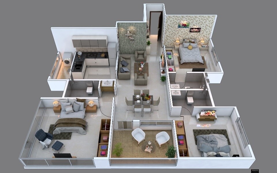 Floor plan of 3 BHK 855 Sq. Ft. Apartment in Fortune Smita Apartments, Pune