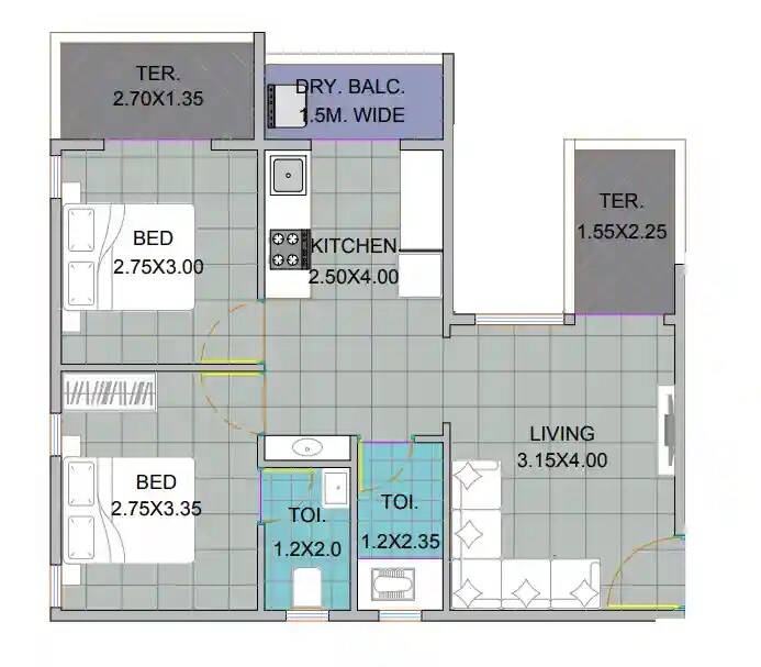 Floor plan of 2 BHK 620 Sq. Ft. Apartment in Fortune Vedas, Pune
