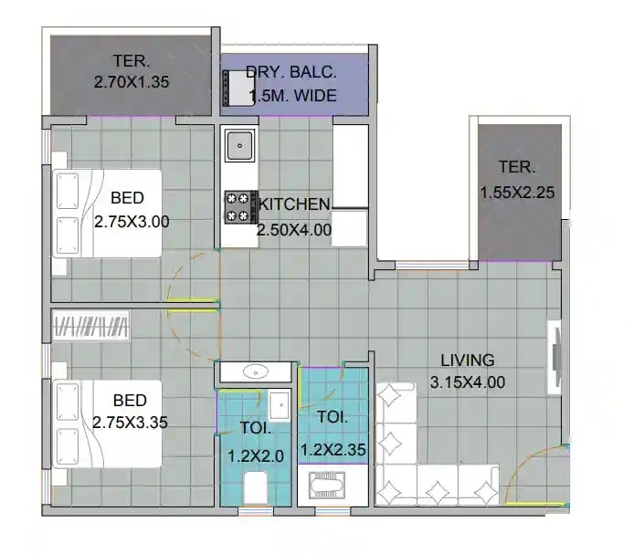 2 BHK 620 Sq. Ft. Apartment