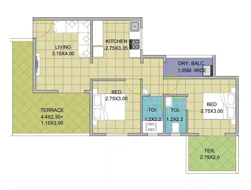 Floor plan of 2 BHK 981 Sq. Ft. Apartment in Fortune Vedas, Pune
