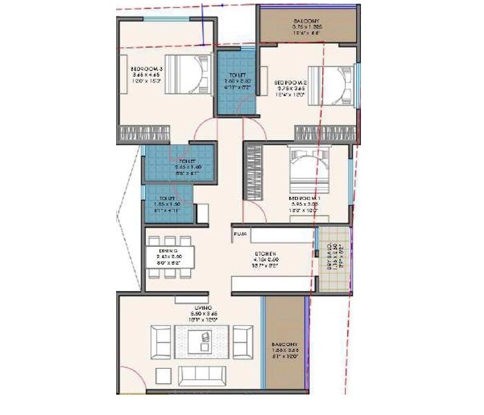 Floor plan of 3 BHK 1238 Sq. Ft. Apartment in Fortune Vishwambhar CHS, Pune