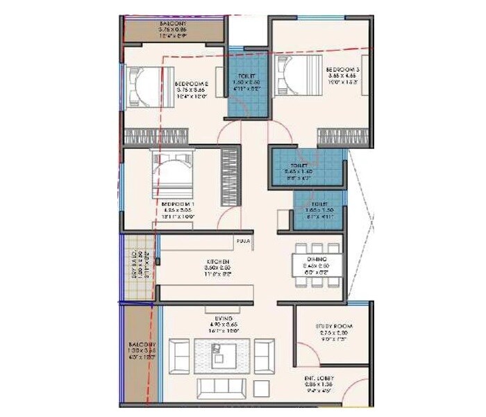 Floor plan of 3 BHK 1311 Sq. Ft. Apartment in Fortune Vishwambhar CHS, Pune