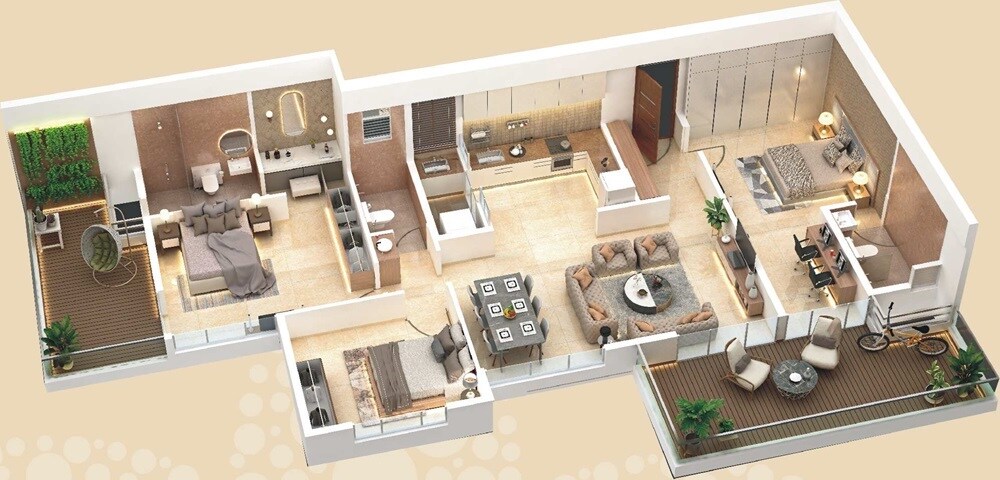Floor plan of 3 BHK Apartment - 1196 sq. ft. in Futuristic The Miracle, Pune