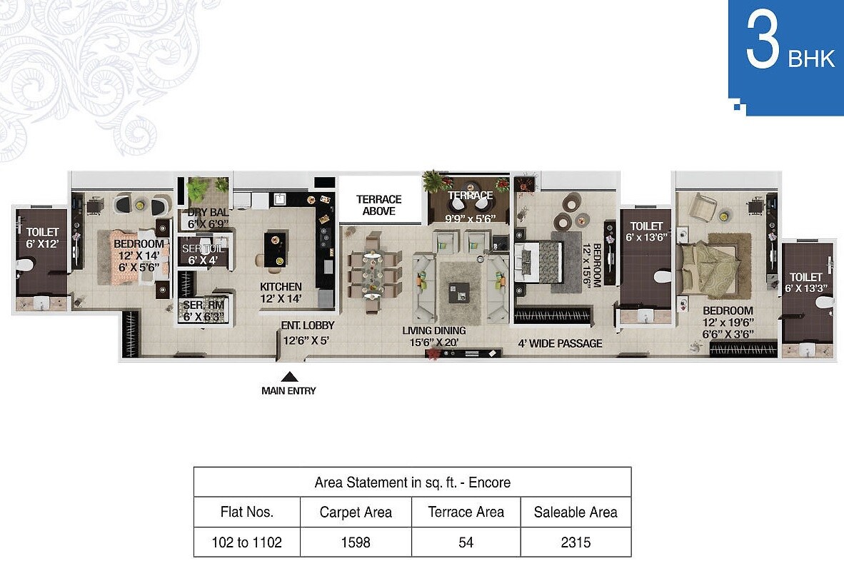 Floor plan of 3 BHK 1598 Sq. Ft. Apartment in G Corp Encore, Pune