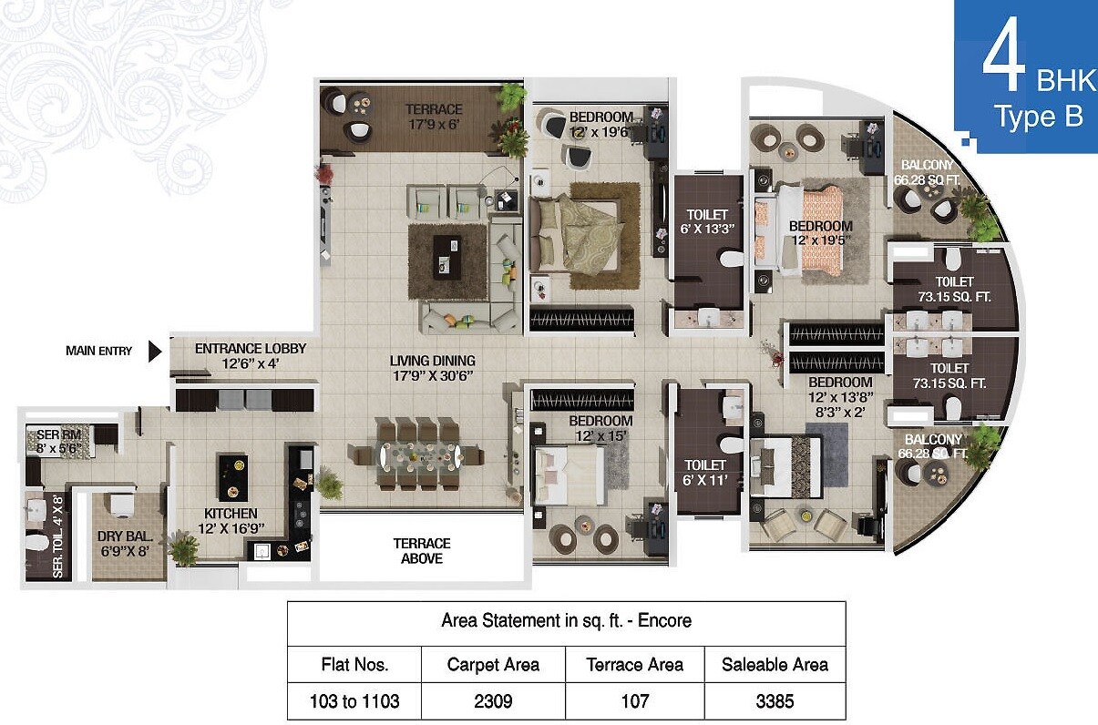 Floor plan of 4 BHK 2309 Sq. Ft. Apartment in G Corp Encore, Pune