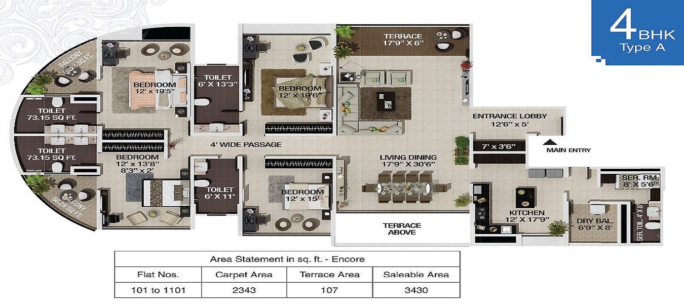 Floor plan of 4 BHK 2343 Sq. Ft. Apartment in G Corp Encore, Pune