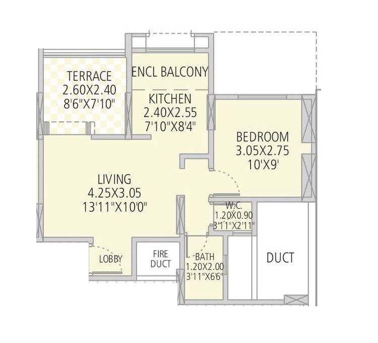 Floor plan of 1 BHK 403 Sq. Ft. Apartment in G K Silver Land Residency, Pune
