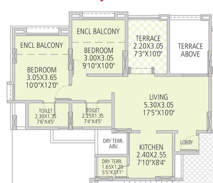 Floor plan of 2 BHK 439 Sq. Ft. Apartment in G K Silver Land Residency, Pune