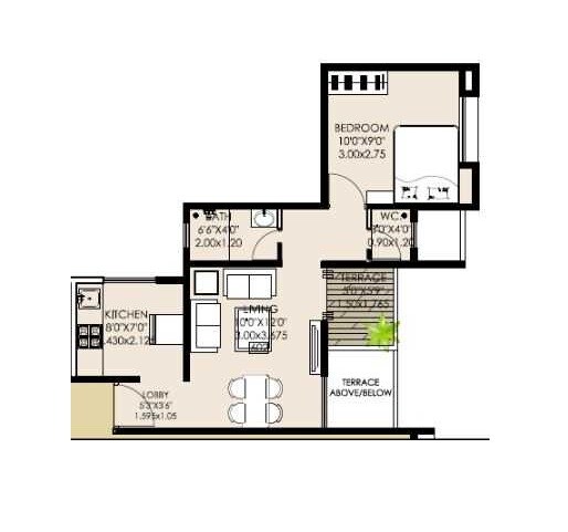 Floor plan of 1 BHK 410 Sq. Ft. Apartment in Gada Anutham, Pune