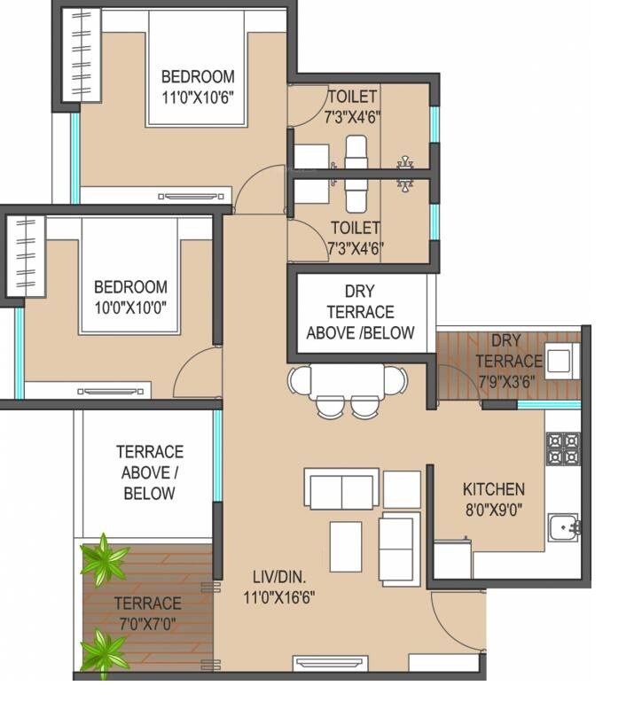 Floor plan of 2 BHK 698 Sq. Ft. Apartment in Gada Anutham, Pune