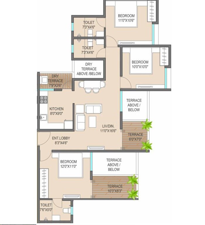 Floor plan of 3 BHK 846 Sq. Ft. Apartment in Gada Anutham, Pune