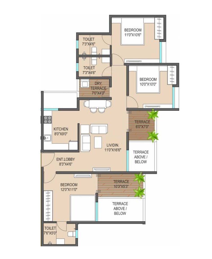 Floor plan of 3 BHK 949 Sq. Ft. Apartment in Gada Anutham, Pune