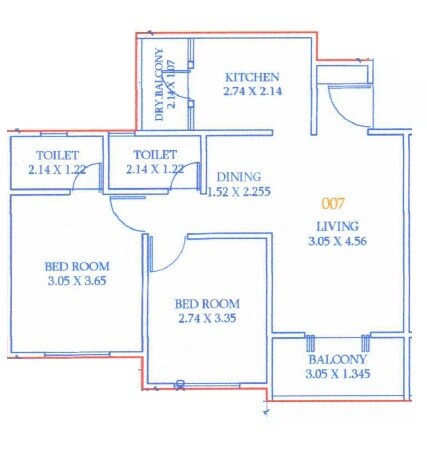 Floor plan of 2 BHK 665 Sq. Ft. Apartment in Gada Elina, Pune