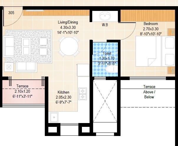Floor plan of 1 BHK 357 Sq. Ft. Apartment in Gada Nithyam, Pune
