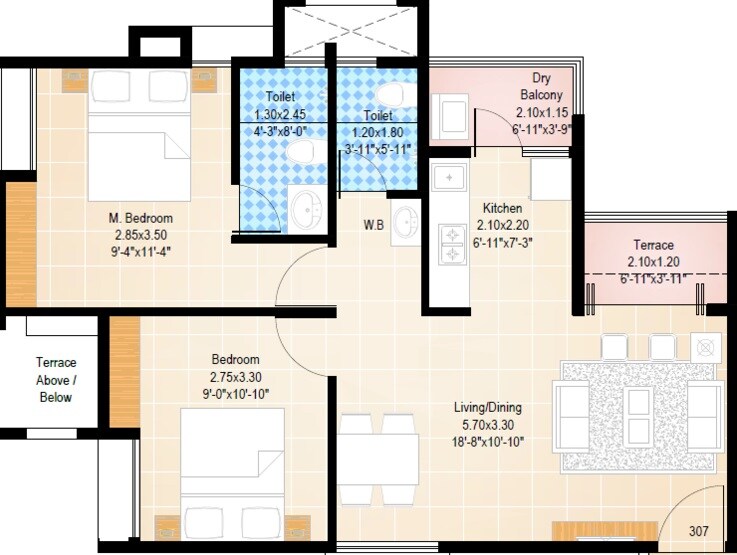 Floor plan of 2 BHK 596 Sq. Ft. Apartment in Gada Nithyam, Pune