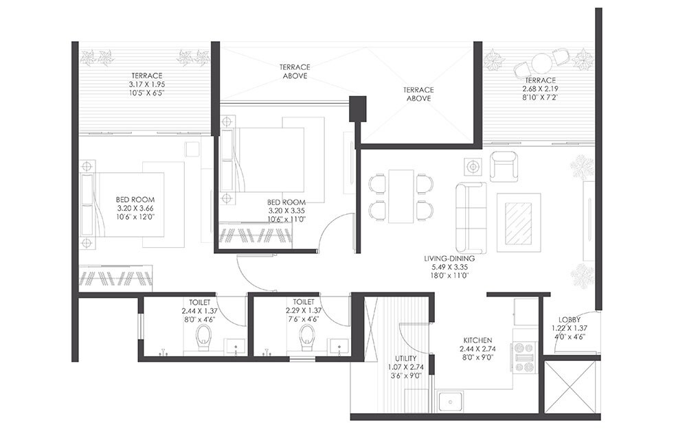 Floor plan of 2 BHK 794 Sq. Ft. Apartment in Gagan Adira, Pune