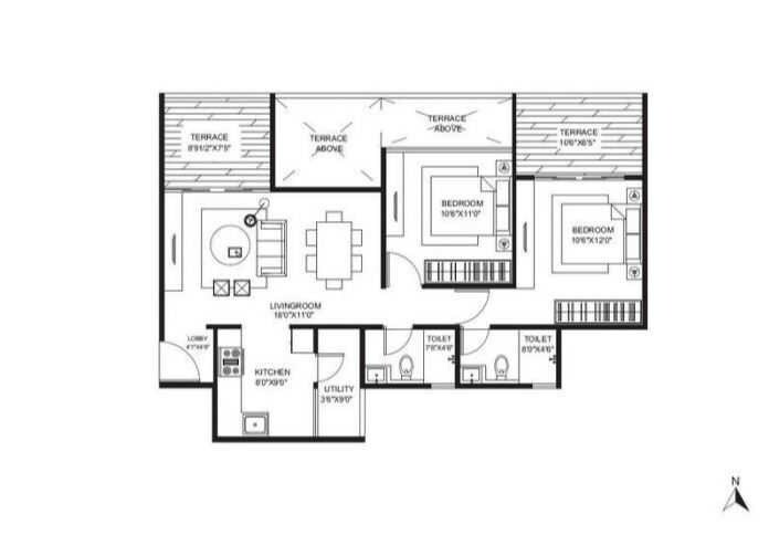 Floor plan of 2 BHK 833 Sq. Ft. Apartment in Gagan Adira, Pune