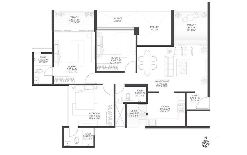Floor plan of 3 BHK 1132 Sq. Ft. Apartment in Gagan Adira, Pune