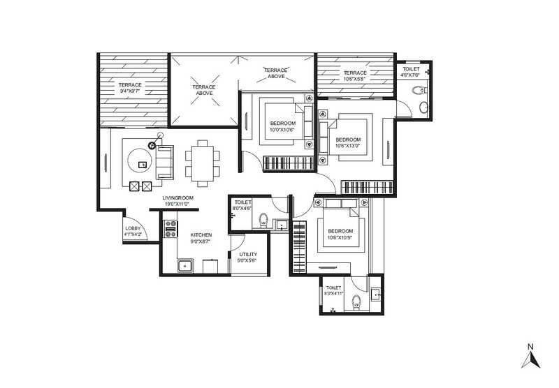 Floor plan of 3 BHK 1187 Sq. Ft. Apartment in Gagan Adira, Pune