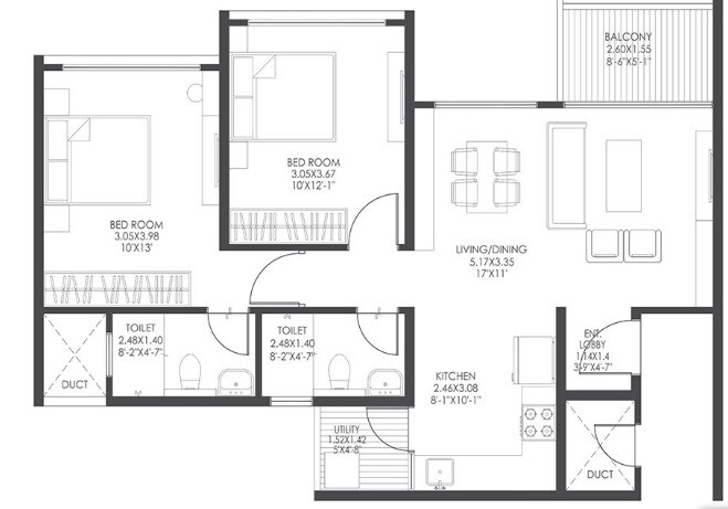 Floor plan of 2 BHK 720 Sq. Ft. Apartment in Gagan Avencia, Pune