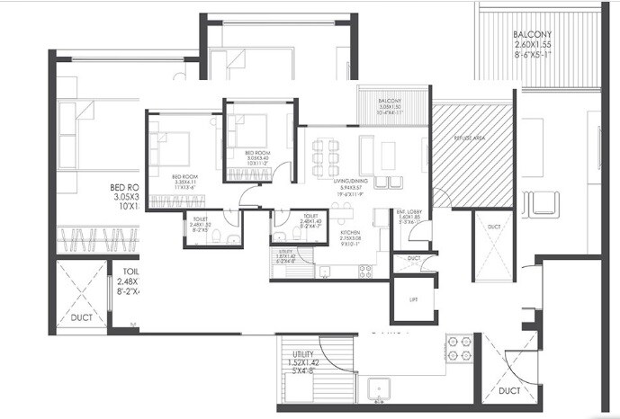Floor plan of 3 BHK 1088 Sq. Ft. Apartment in Gagan Avencia, Pune