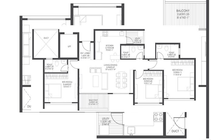 Floor plan of 3 BHK 1029 Sq. Ft. Apartment in Gagan Avencia, Pune