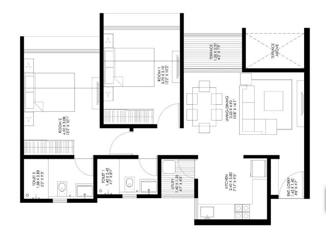 Floor plan of 2 BHK 736 Sq. Ft. Apartment in Gagan Ela, Pune