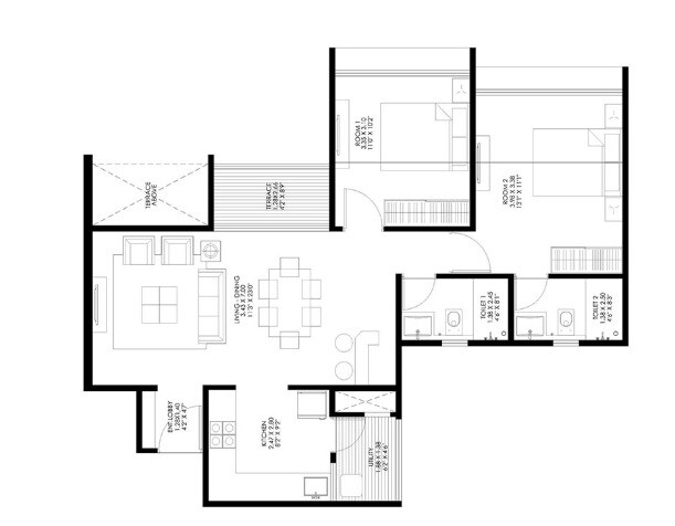 Floor plan of 2 BHK 795 Sq. Ft. Apartment in Gagan Ela, Pune