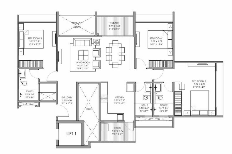Floor plan of 3 BHK 1040 Sq. Ft. Apartment in Gagan Ela, Pune