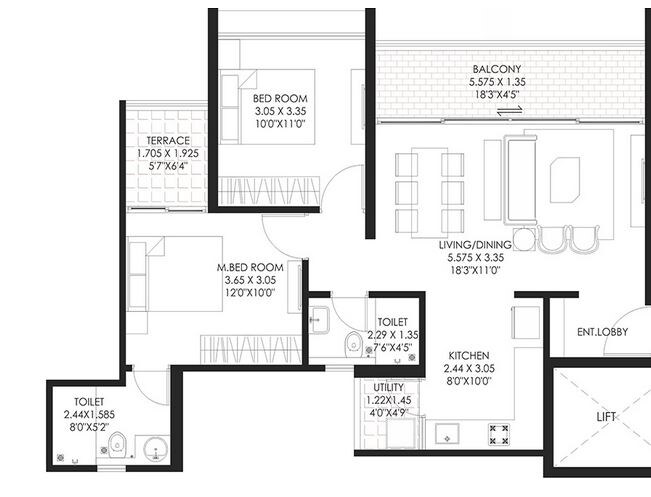 2 BHK 825 Sq. Ft. Apartment