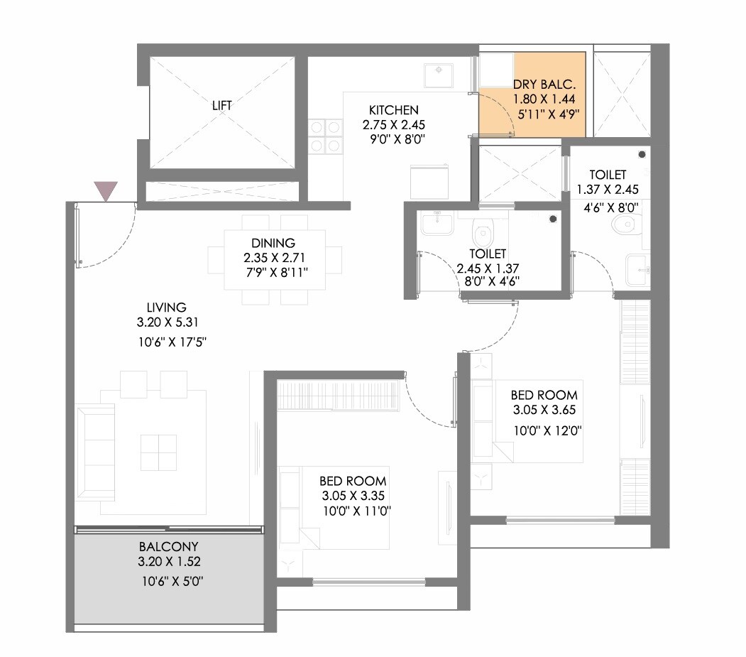 Floor plan of 2 BHK 760 Sq. Ft. Apartment in Gagan Myra, Pune