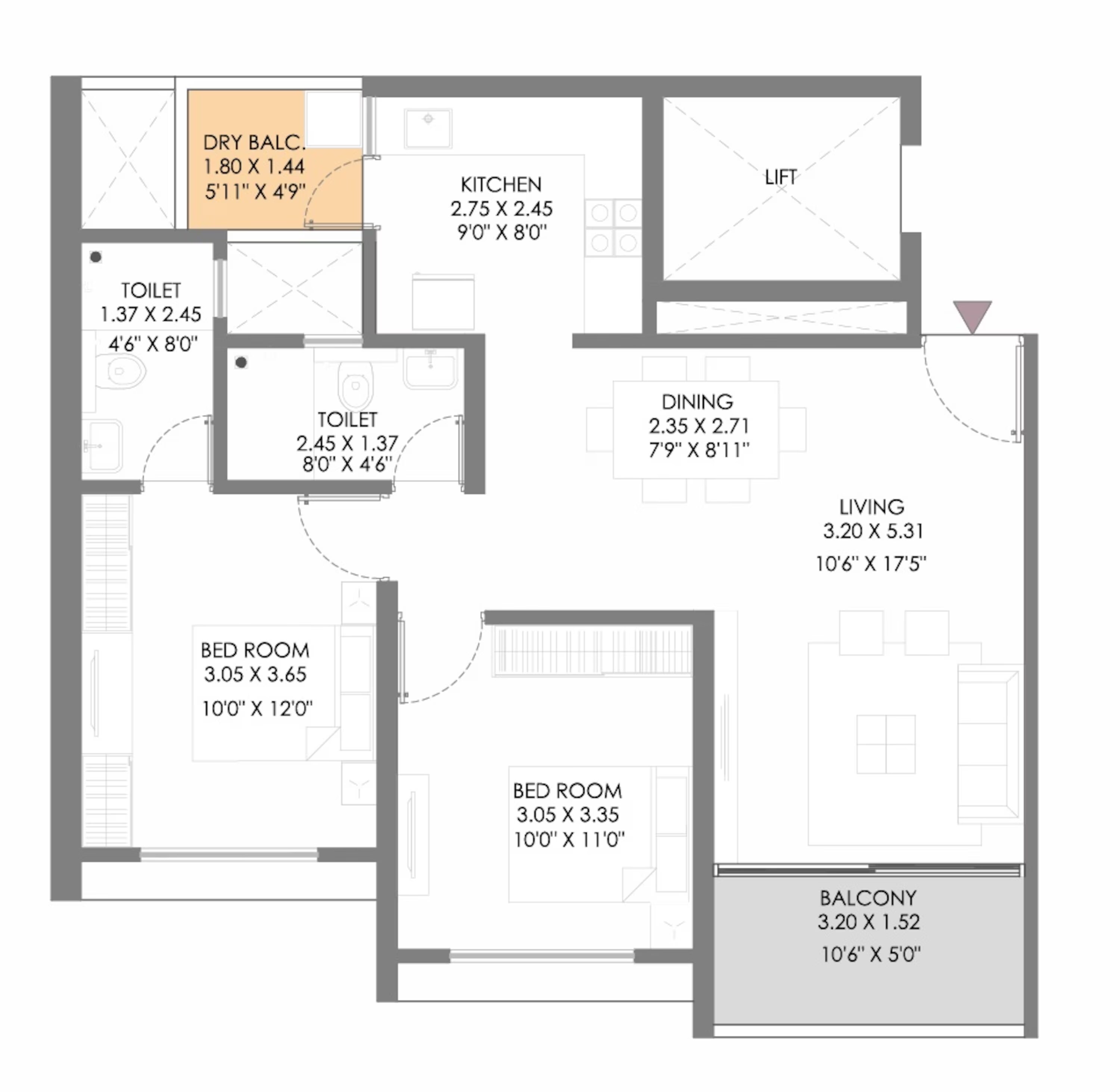 Floor plan of 2 BHK 774 Sq. Ft. Apartment in Gagan Myra, Pune