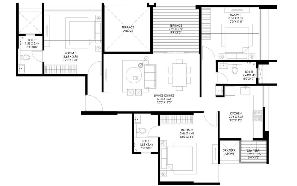 Floor plan of 3 BHK 1129 Sq. Ft. Apartment in Gagan Signet, Pune