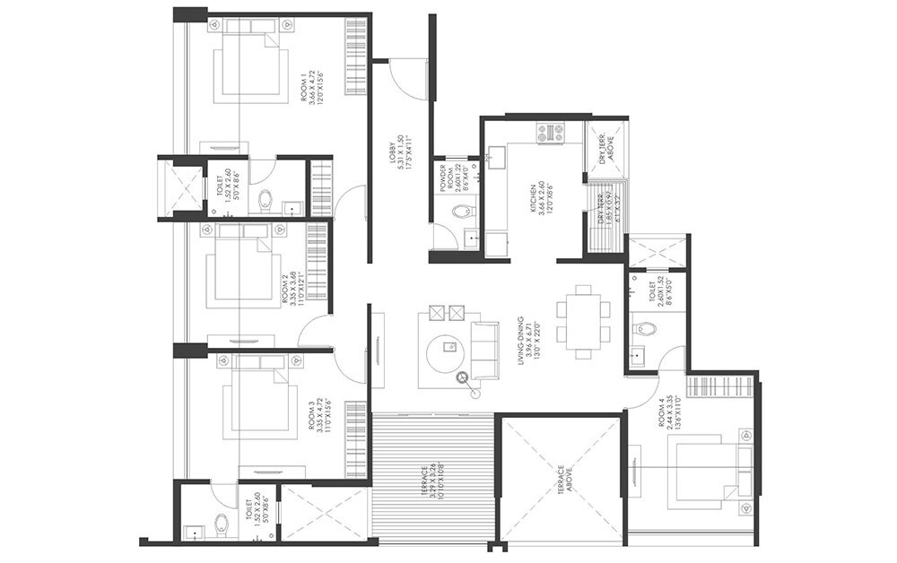 Floor plan of 4 BHK 1423 Sq. Ft. Apartment in Gagan Signet, Pune