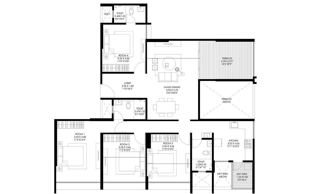 Floor plan of 4 BHK 1532 Sq. Ft. Apartment in Gagan Signet, Pune
