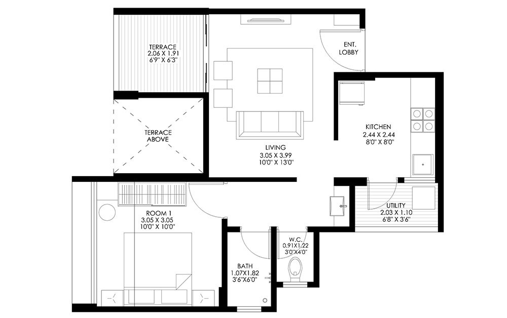 Floor plan of 1 BHK 368 Sq. Ft. Apartment in Gagan Tisha, Pune
