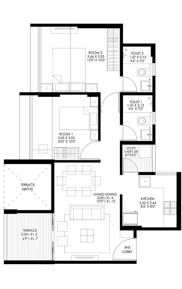 Floor plan of 2 BHK 496 Sq. Ft. Apartment in Gagan Tisha, Pune