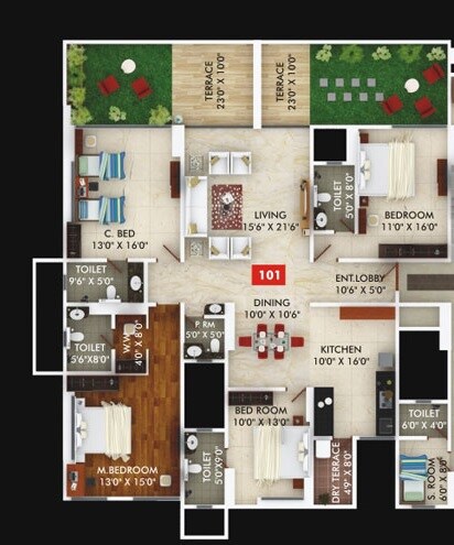 Floor plan of 4 BHK 1594 Sq. Ft. Apartment in Gagan Unnati, Pune