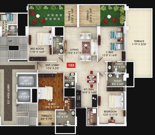 Floor plan of 4 BHK 1626 Sq. Ft. Apartment in Gagan Unnati, Pune