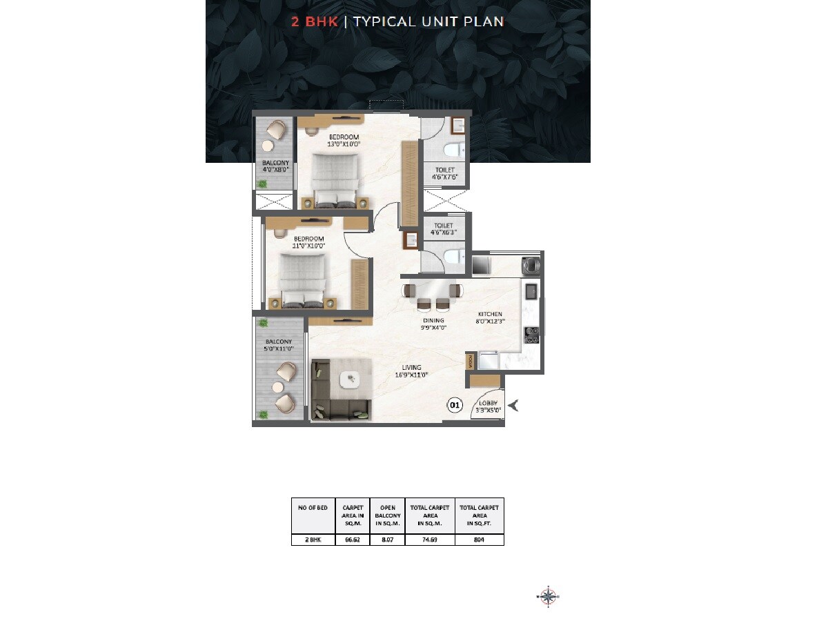 2 BHK 804 Sq. Ft. Apartment